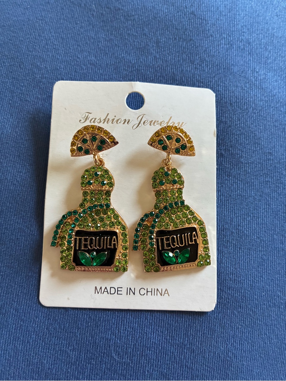 Fashion Jewelry Gold-Tone Green Tequila Bottle Dangle Earrings